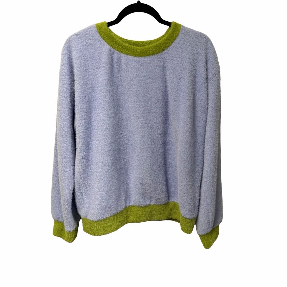 Anthropologie Maeve Cozy Ringer Fuzzy Crewneck Sweater Blue Green Small